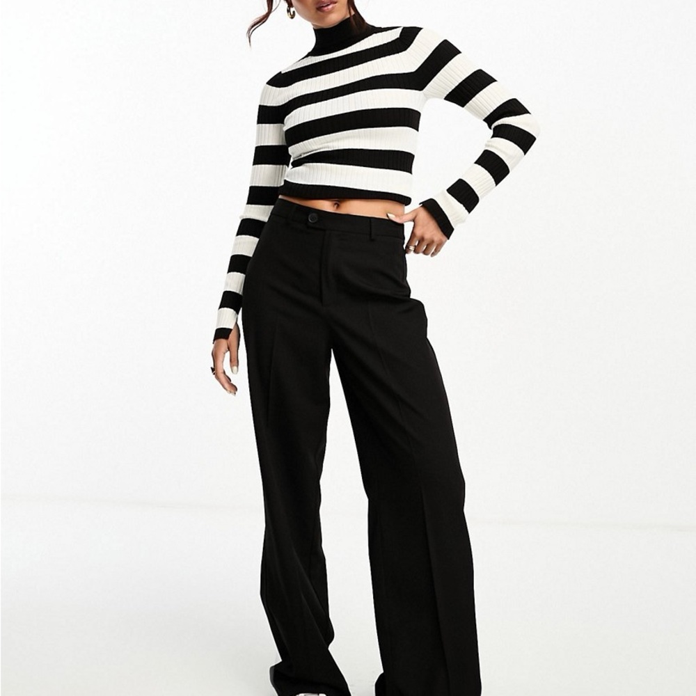 Asos Black & white striped knit ribbed mock neck long sleeve top #stripes